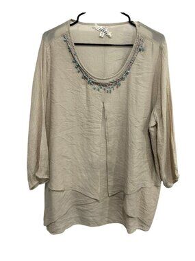 Krazy Kat XXL Beige Tunic Top Beaded Neckline 3/4 Sleeves Boho Chic Earth Tones